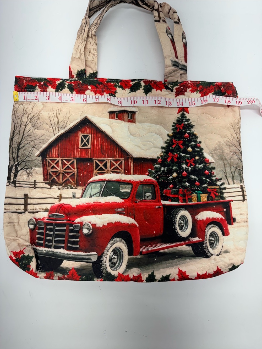 Holiday Red Vintage Truck Tote Bag with Christmas Tree